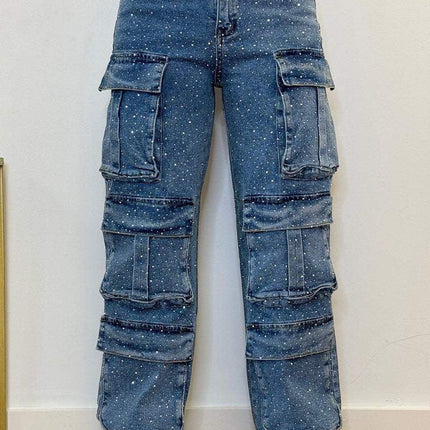 Women's Casual Jeans With Pockets And Diamonds Overalls