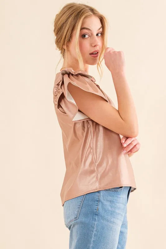And The Why Faux Leather Ruffle Sleeves V Neck Top