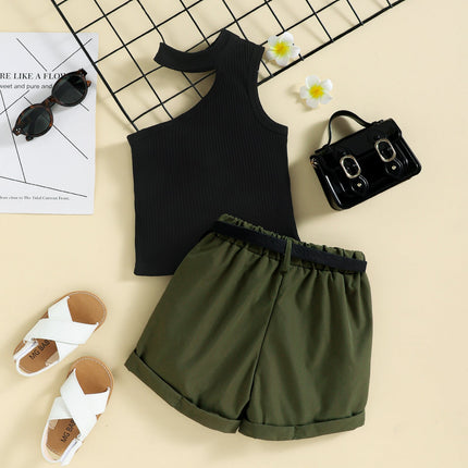 Summer Girl Ins Shoulder Halter Sunken Stripe Top Shorts Suit
