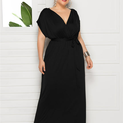 Plus Size Solid Color V-Neck Loose Swing Dress