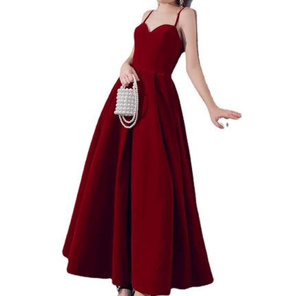 Red Suspender Dress Temperament Backless Wedding Toast Clothes