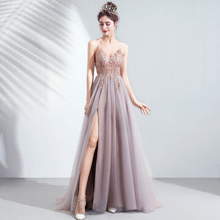Sling Veil Catwalk High Slit Wedding Evening Dress