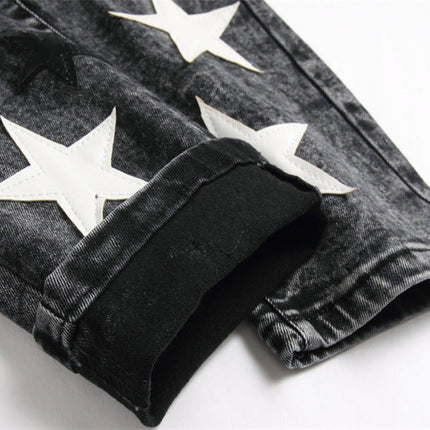 Punk Men's Jeans Hole Embroidery Five-pointed Star