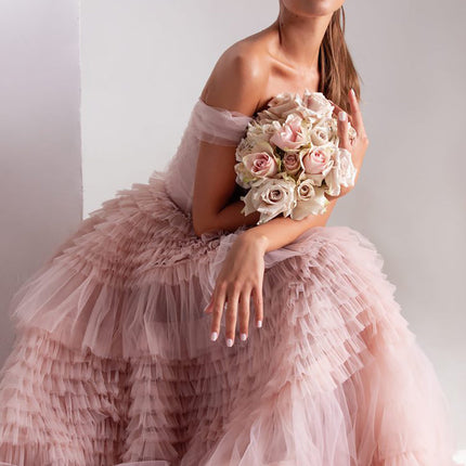 Bridal Wedding One Line Neck Lacquer Mesh Dress