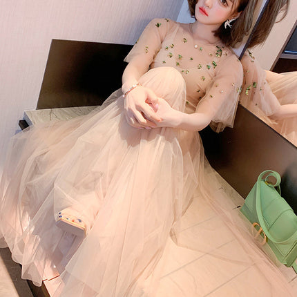 Mesh Flare Sleeve Umbrella Swing Dress