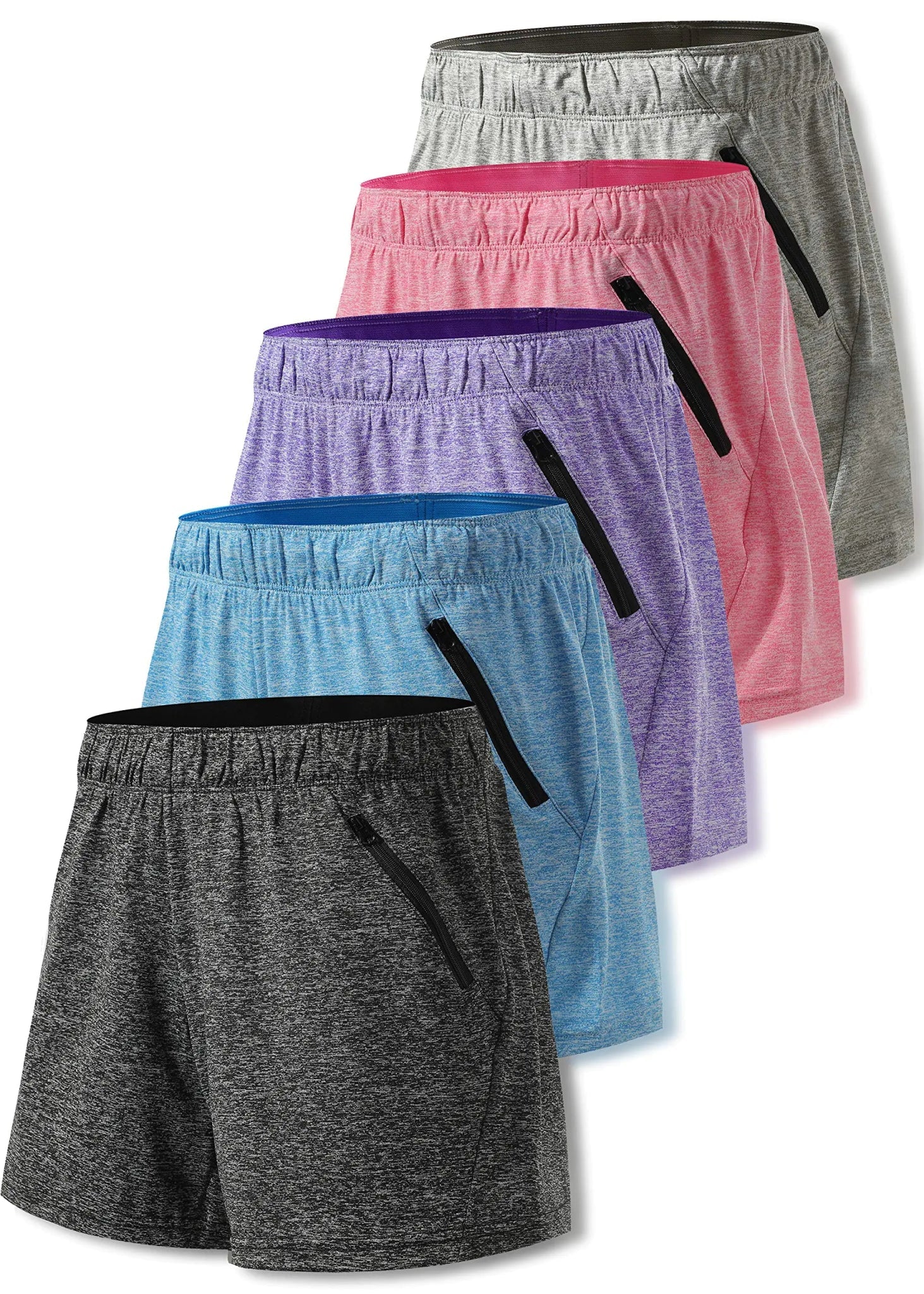 5 Pack: Womens Workout Gym Shorts Casual Lounge Set, Ladies Active Athletic Apparel with Zipper Pockets Medium Heather Black/Blue/Purple/Pink/Gray