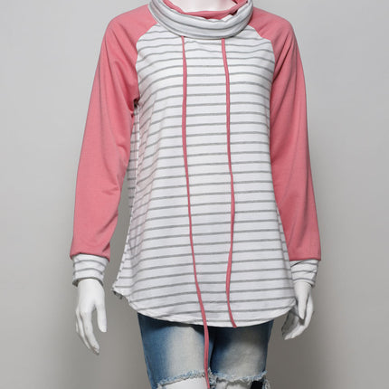 New pink sleeves blue stripes Fall or winter cotton sweater for high school or collage age girl
