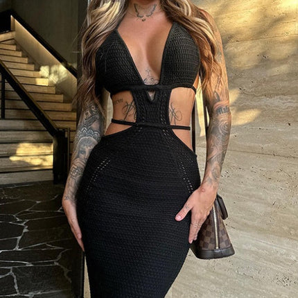 New Knitted Sweater Dress Sexy Pure Desire Wind Hot Girl Backless Hanging Neck Straps Short Dress