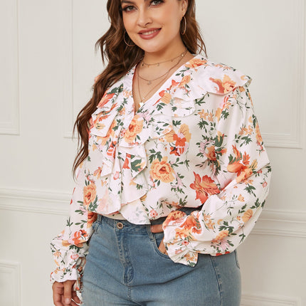European And American Plus Size Women's Printed Ruffled Loose V-neck Shirt