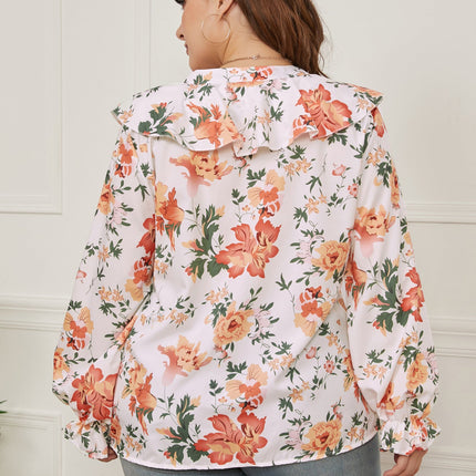 European And American Plus Size Women's Printed Ruffled Loose V-neck Shirt