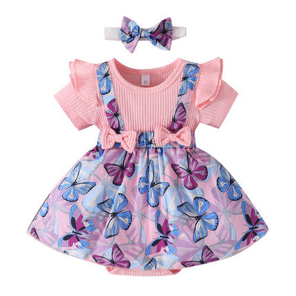 Little Girl Butterfly Print Dress Romper Skirt Scarf Two-piece Set