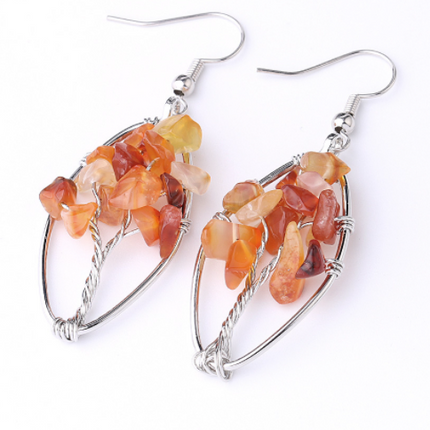 Natural Crystal Crushed Stone Earrings Handmade Tree Of Life Women's Turquoise