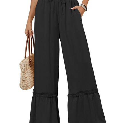 Solid Color High Waist Casual Pants Women's Drawstring Wide Leg Pants