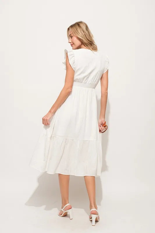 And The Why Ruffle Sleeve Front Smocked Tiered Midi Dress
