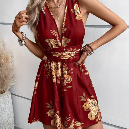 Women's Flowers Print Shorts Jumpsuit Summer Sexy Fashion V-neck Sleeveless Backless Multicolor Jumpsuit