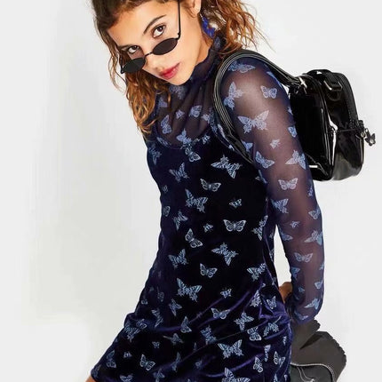 Street Girl Butterfly Print Retro Velvet Slim Suspender Dress Skirt