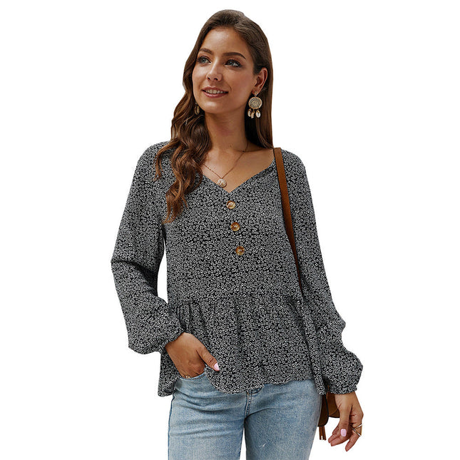 New Product Floral Long-sleeved V-neck Shirt Top