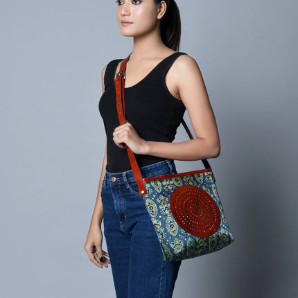 Neela Ajrakh Leather Tote Bag