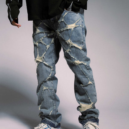 High Street Wash Destroyed Spider Web Straight Leg Jeans
