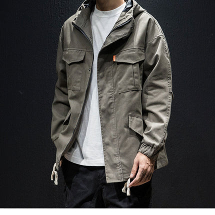 Men's plus size loose hooded drawstring jacket