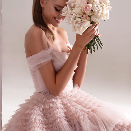 Bridal Wedding One Line Neck Lacquer Mesh Dress