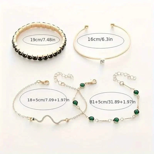 4pcs Green Emerald Rhinestone Snake Bracelet Set for Women