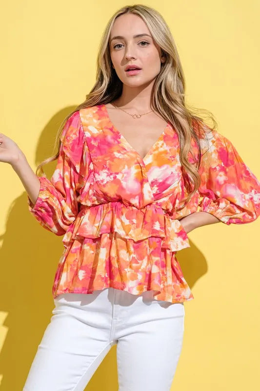 And The Why Ruffled Printed Puff Sleeve Blouse