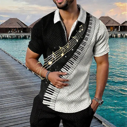 Men's Summer Fashion 3D Printed Short Sleeve Geometric Zip Lapel Shirt Set