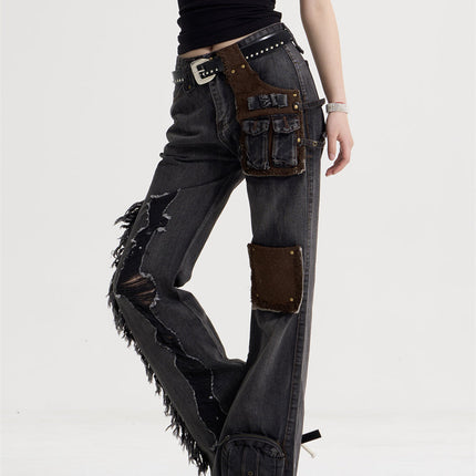 Women's American-style Retro Tassel Patch Stitching Jeans
