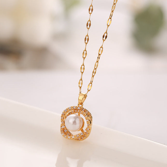 Titanium Steel Necklace Women''s Hollow Bird''s Nest Imitation Pearl Pendant