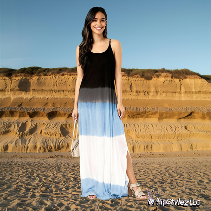 New Blue tie dye pattern Summer Strap Loose Split Vest Dress for women