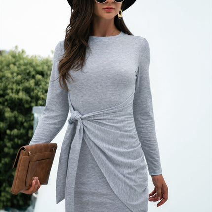 Hot New Product Long Sleeve Round Neck Tie Solid Color Dress