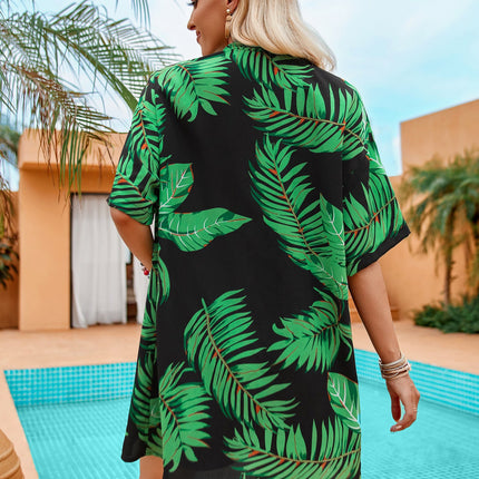 2pcs Casual Holiday Leaves Print Suit Summer Short Sleeve Shirt Top And Drawstring Shorts Sets For Womens Clothing