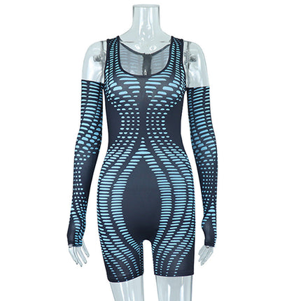 Crew Neck Digital Printing Gloves Hip Lifting Bodysuit