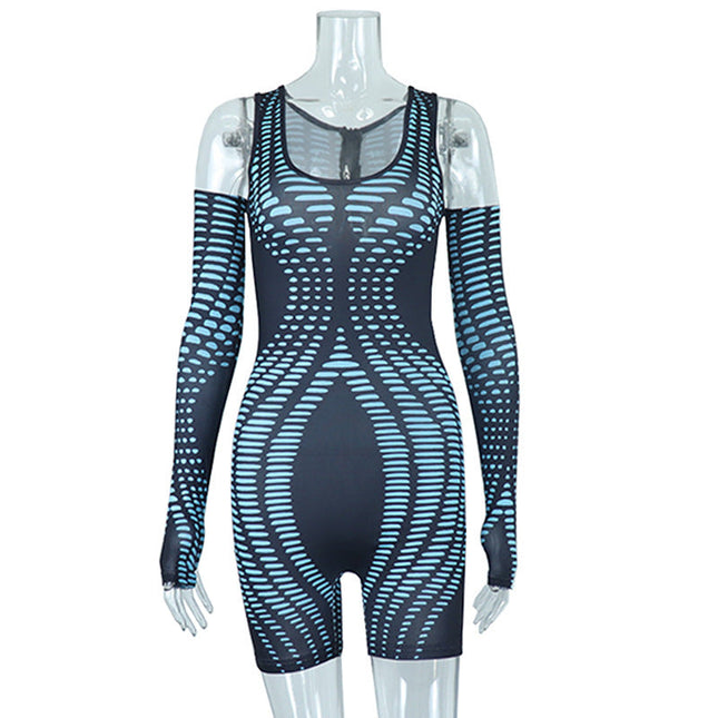 Crew Neck Digital Printing Gloves Hip Lifting Bodysuit