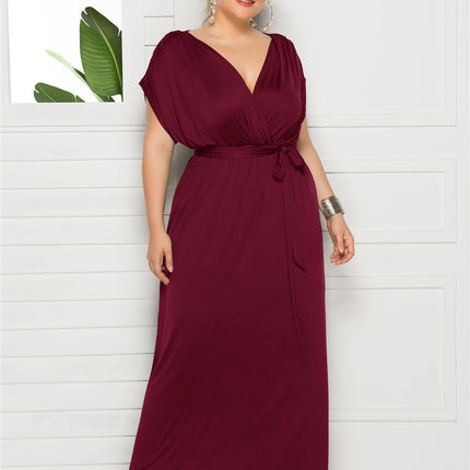Plus Size Solid Color V-Neck Loose Swing Dress