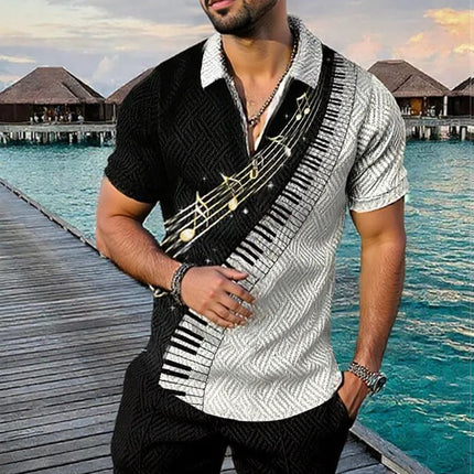 Men's Summer Fashion 3D Printed Short Sleeve Geometric Zip Lapel Shirt Set
