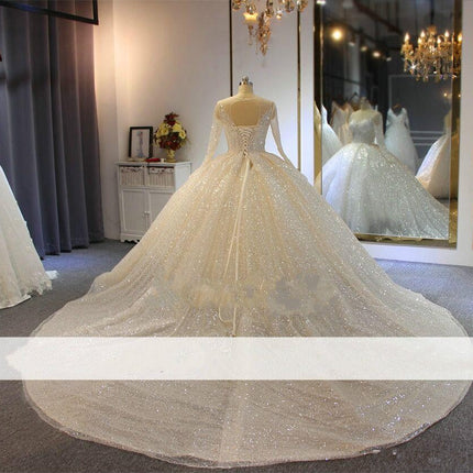Long Sleeve Round Neck High Waist Wedding Dress
