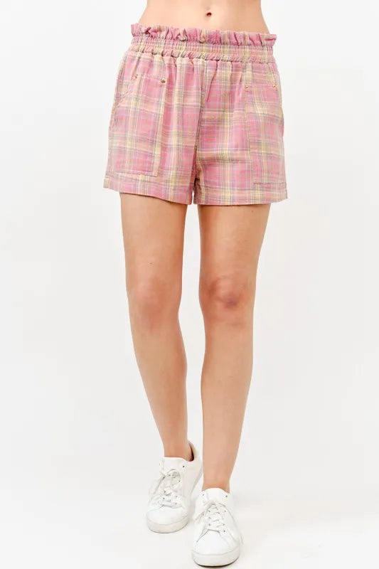 And The Why Plaid Print Smocked Detail Casual Shorts