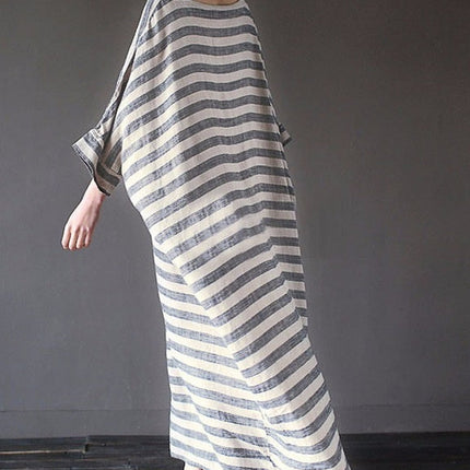 Cotton And Linen Stripes Loose Plus Size Long Dress