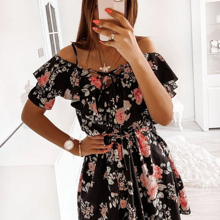 Printed Suspender Ruffle Dress Women's Clothing