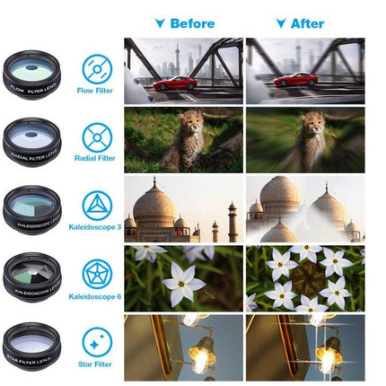 APEXEL Phone lens kit universal 10 in 1 Fisheye Wide Angle macro Lens CPL Filter Kaleidoscope+2X telescope Lens for smartphone