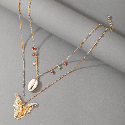 Simple Retro Ethnic Butterfly Shell Color Beads 2 Layer Necklace