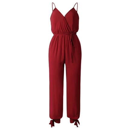 back tether deep V-neck suspender jumpsuit