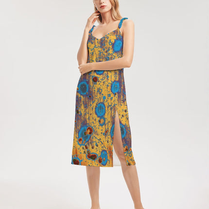 PEACOCK DESIGN BY FLIPSTYLEZ  Women's All-Over Print Tie Strap Split Dress