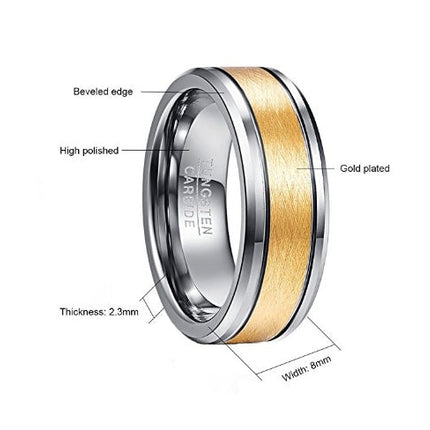 Men's 8mm Gold Color Brushed Center Two Grooves Tungsten Carbide Wedding Band Rings Beveled Edge