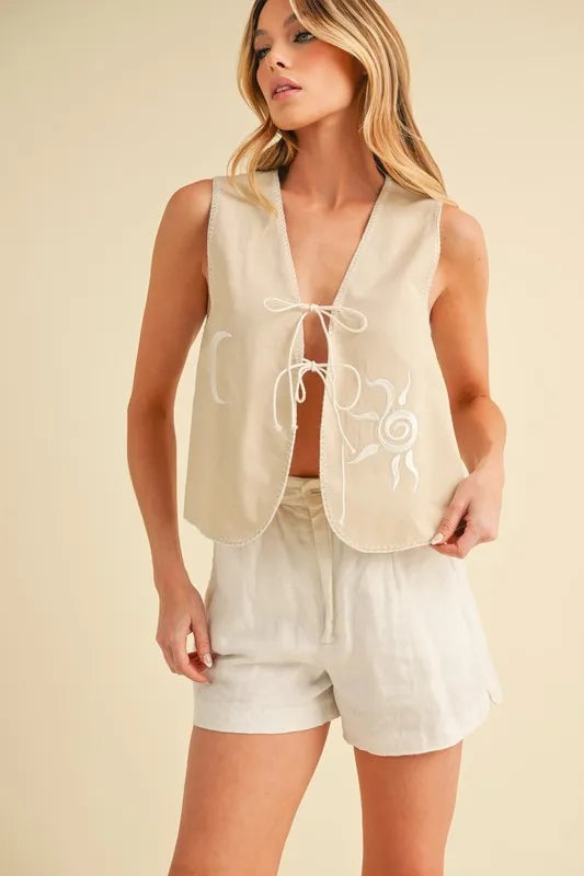 Aemi+Co Embroidered Tied Front Vest Coat