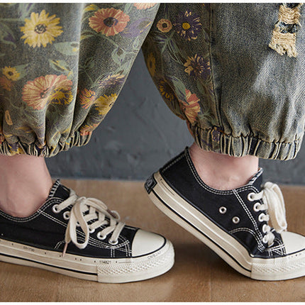 Women's Retro Nostalgic Print Ripped Denim Overalls