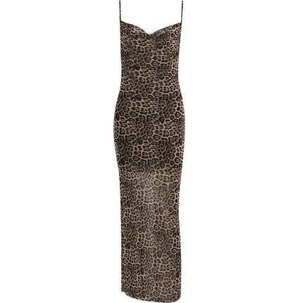 Summer Elegant Backless Long Dress Hot Girl Sexy Slim Leopard Print Sling Dress Women