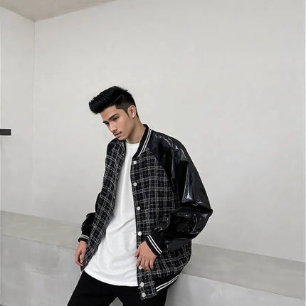 BLACK Urban style Loose Plus Size Leather Plaid Baseball Jacket